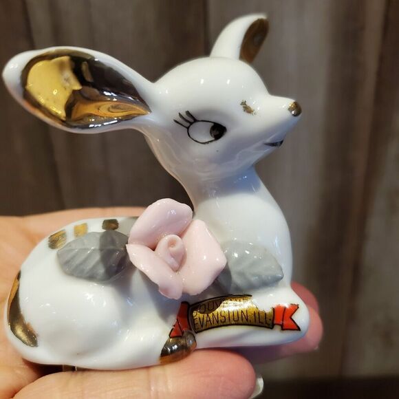 Handpainted Porcelain Deer Fawn Figurine White Gold Rose Vintage Chase Japan MCM - Picture 2 of 8